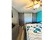 Stylish bedroom featuring a modern bed, unique barn door closet, and eye-catching turquoise accent wall at 10411 Summerview Cir, Riverview, FL 33578