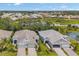 Aerial view of a lakefront community featuring well-maintained homes, lush landscaping, and serene water views at 12817 Cobalt Ter, Bradenton, FL 34211