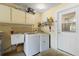 Functional laundry room with modern washer, dryer, sink, storage cabinets, and a door to the outside at 2033 Arbor Dr, Clearwater, FL 33760