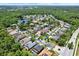 An aerial view of a vibrant neighborhood featuring lush landscaping, a serene lake, and well-maintained streets and homes at 2614 Brookforest Dr, Wesley Chapel, FL 33544