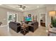 Comfortable living room with leather seating, a ceiling fan, and access to outdoor patio at 2614 Brookforest Dr, Wesley Chapel, FL 33544