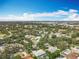 Bird's eye perspective of homes nestled among mature trees with a golf course, lake, and distant city views in the background at 2742 Sea Pines E Cir, Clearwater, FL 33761