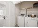 Efficient laundry room with modern white washer and dryer units and storage shelves at 32965 Kaloko Rd, Wesley Chapel, FL 33543