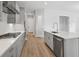 Well-appointed kitchen with gray cabinets, stainless steel appliances, and a central island at 35609 Stableton Lane, Zephyrhills, FL 33541