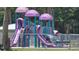 A vibrant playground featuring multiple slides and climbing areas, perfect for recreation and community enjoyment at 39772 Meadowood Loop, Zephyrhills, FL 33542