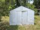 Outdoor shed providing storage space with double sliding doors, set in a grassy yard at 6317 Buster Dr, Tampa, FL 33619