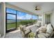 Relaxing screened patio with comfortable seating and stunning lake views provides a serene outdoor living space at 8589 Saint Kitts Cir, Englewood, FL 34224