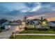 Charming single-story home with lush landscaping and a two-car garage at dusk at 1028 Wyndham Way, Safety Harbor, FL 34695