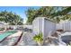 Backyard shed next to the inground pool and patio area at 11302 Crane Lake Ct, Riverview, FL 33569