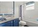 Bathroom featuring blue vanity, a tub, and a shower at 2832 Brinley Dr, Trinity, FL 34655