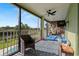 Relaxing screened-in patio offers a ceiling fan, hammock, and scenic views of the surrounding landscape at 2832 Brinley Dr, Trinity, FL 34655