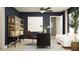 Stylish home office featuring dark blue walls, modern furniture, and a cozy seating area at 3475 Silent Gardens Cv, Wesley Chapel, FL 33543