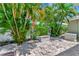 Tranquil backyard featuring a brick-paved patio, lush palm trees, and a storage box, perfect for outdoor enjoyment at 4125 W Obispo St, Tampa, FL 33629