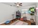 Bright bedroom with modern ceiling fan, storage shelves and a home gym set up on hardwood floors at 6235 17Th N Ave, St Petersburg, FL 33710