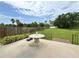 Sprawling backyard featuring a well-manicured lawn, fence, and a small patio area at 11217 Fiddlewood Dr, Riverview, FL 33579