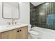 Modern bathroom with a stylish vanity, quartz countertop, and tiled shower-tub combo at 13835 Pathfinder Dr, Tampa, FL 33625