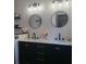 Bathroom featuring a dual sink vanity, decorative circular mirrors, and modern lighting fixtures at 314 Bloomingfield Dr, Brandon, FL 33511