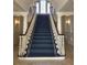 Elegant staircase with blue runner, white banisters, and illuminated by large windows at 5002 S Shore Crest Cir, Tampa, FL 33609