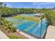 An aerial view featuring multiple athletic courts including tennis, pickleball, volleyball, and a community pool at 6212 Nimes Ct, Lutz, FL 33558