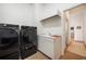 Well-lit laundry room with a modern washer and dryer set and a convenient utility sink at 6212 Nimes Ct, Lutz, FL 33558