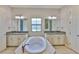 Luxurious bathroom featuring a soaking tub, double vanity, and ample natural light at 6913 Park Strand Dr, Apollo Beach, FL 33572