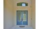 Stylish light blue double front doors with decorative glass panels and transom window at 6913 Park Strand Dr, Apollo Beach, FL 33572
