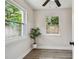 Bright bedroom featuring wood-look floors, a potted plant, and natural light from two windows at 2230 Melrose S Ave, St Petersburg, FL 33712