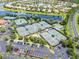 Aerial view showcasing multiple tennis courts within a residential community, surrounded by lush landscaping at 5009 Sandy Brook Cir, Wimauma, FL 33598