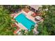 Stunning aerial view of the community pool area, showcasing comfortable seating, lush greenery, and a tranquil atmosphere at 8576 Sandy Beach St, Tampa, FL 33634
