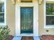 Close up of a front door with a green door, door handle, and a door mat at 8576 Sandy Beach St, Tampa, FL 33634