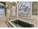 Luxurious bathroom with stained glass window, gold-trimmed shower, and garden tub at 8827 Scout Lake Ct, New Port Richey, FL 34654