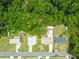 Aerial view showcases neighborhood homes with lush green yards, driveways, pools, and mature trees at 1005 Monroe St, Plant City, FL 33565