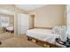 A bright bedroom is showcased, featuring a bed, closet with mirrored doors, and neutral carpeting at 1013 N Bask Dr, Tampa, FL 33603