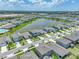 The aerial view reveals the home's position in a neighborhood, close to community amenities and near a serene lake at 152 Bright Ibis Ave, Apollo Beach, FL 33572