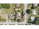Bird's-eye view of a house featuring a backyard pool, patio, and well-manicured lawn in a quiet neighborhood at 1813 Nova Dr, Valrico, FL 33596