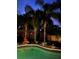 Backyard pool with lighted palm trees, a fountain, and a small building in the background at twilight at 1813 Nova Dr, Valrico, FL 33596