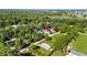 Panoramic aerial shot with property marker showcasing the home's location within a verdant landscape at 39252 Kimberly Ave, Zephyrhills, FL 33540