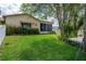 Lush green lawn of the backyard featuring mature trees and privacy hedges at 4315 Flexer Dr, Hernando Beach, FL 34607