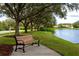 A tranquil bench seat is facing towards a serene pond surrounded by mature trees and lawns at 5524 Salem Square N Dr, Palm Harbor, FL 34685
