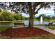 A scenic pond view with a fountain, framed by trees and park benches for relaxation at 5524 Salem Square N Dr, Palm Harbor, FL 34685