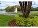 A scenic water fountain featured on a pond surrounded by walking path and green foliage at 5524 Salem Square N Dr, Palm Harbor, FL 34685