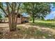 View of a large backyard with a home, mature trees, and a combination of grass and leaves on the ground at 6406 Congress St, New Port Richey, FL 34653