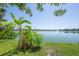 Beautiful backyard with mature banana trees and a view of the lake, offering a tropical oasis at 8927 Key West Island Way, Riverview, FL 33578