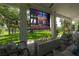 Inviting outdoor entertainment space with a large screen and cozy fire pit at 8927 Key West Island Way, Riverview, FL 33578