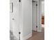 Hallway featuring gray patterned tile and wood flooring, with white walls and black hardware on the doors at 1304 Withlacoochee St, Safety Harbor, FL 34695