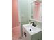 Bathroom with pink and green walls, patterned floors, and dark hardware at 2615 Southern Oaks Pl, Plant City, FL 33566