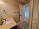 The bathroom features a sink vanity, decorative tile flooring, and neutral wall colors at 2615 Southern Oaks Pl, Plant City, FL 33566