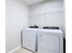 Bright laundry room with modern white washer and dryer units and convenient shelving at 34056 Scarlet Sage Ct, Wesley Chapel, FL 33545