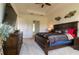 Primary bedroom featuring tray ceilings, carpet floors, ceiling fan, and bright windows at 4888 Sevilla Shores Dr, Wimauma, FL 33598