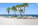Scenic beach view featuring palm trees, blue chairs, rocks, and watercraft for relaxing by the ocean at 4943 New England Blvd # 105, New Port Richey, FL 34652